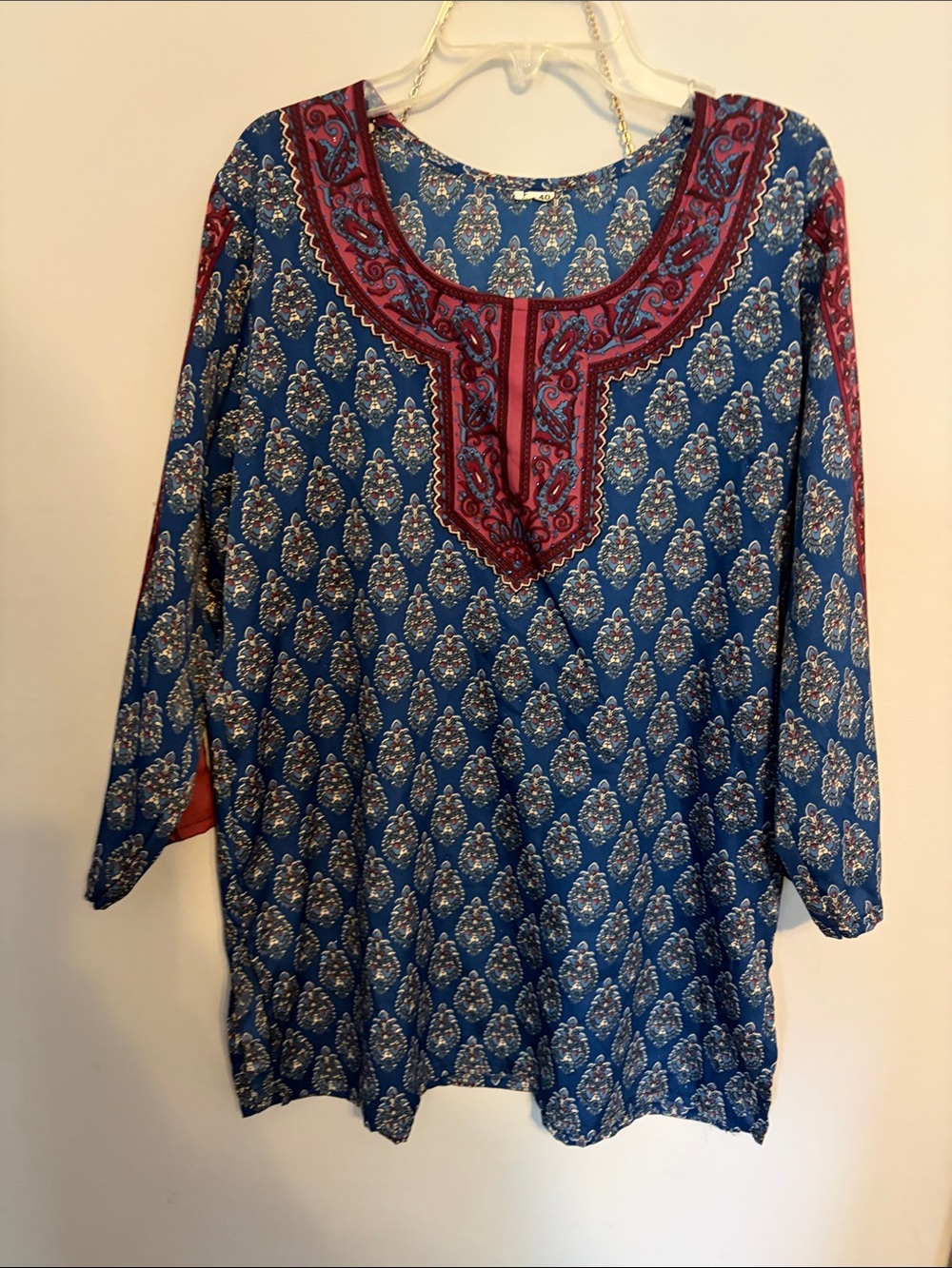 Women's Blue Paisley Tunic Top with Red Trim